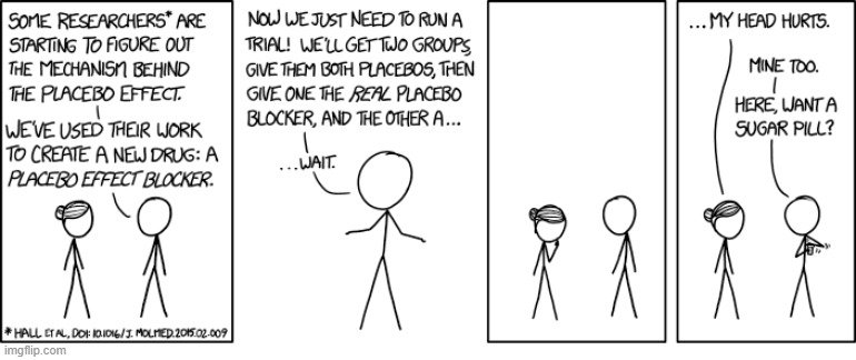 "They work even better if you take them with our experimental placebo booster, which I keep in the same bottle." | image tagged in researchers,placebo effect,sugar,pills,head,pain | made w/ Imgflip meme maker