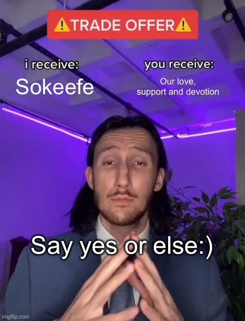 Trade Offer | Sokeefe; Our love, support and devotion; Say yes or else:) | image tagged in trade offer | made w/ Imgflip meme maker