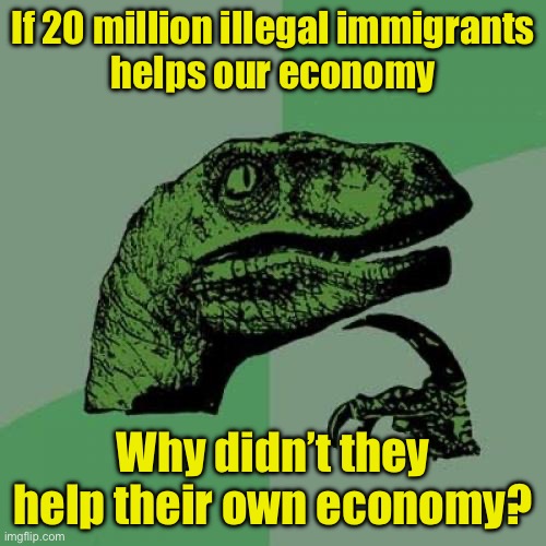 Liberal logic | If 20 million illegal immigrants
helps our economy; Why didn’t they help their own economy? | image tagged in memes,philosoraptor,illegal immigration | made w/ Imgflip meme maker