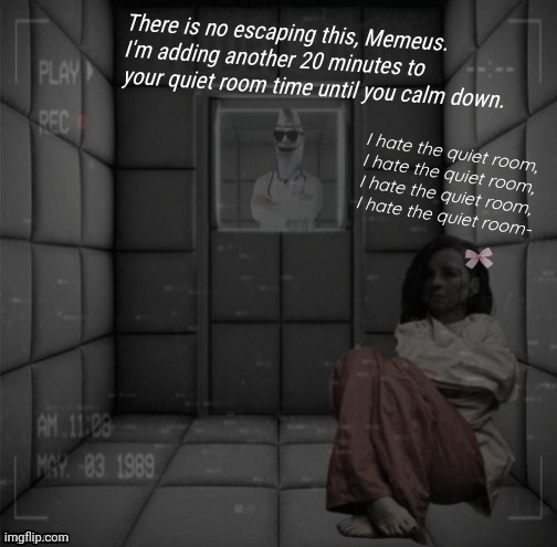 UNBAN ME PLEEEEEEEEZE | There is no escaping this, Memeus. I'm adding another 20 minutes to your quiet room time until you calm down. I hate the quiet room,
I hate the quiet room,
I hate the quiet room,
I hate the quiet room- | image tagged in padded cell,im crine,memeus | made w/ Imgflip meme maker