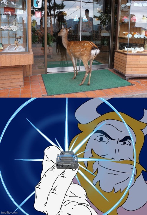 DRIVING IN MY CARR, RIGHT AFTER A BEERR- | image tagged in deer at closed store door,asgore truck | made w/ Imgflip meme maker