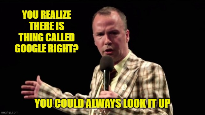 YOU REALIZE THERE IS THING CALLED GOOGLE RIGHT? YOU COULD ALWAYS LOOK IT UP | made w/ Imgflip meme maker