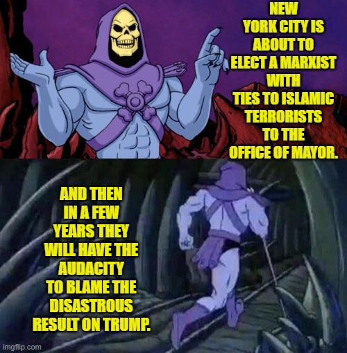 'Why didn't anyone warn us?!" they will wail. | NEW YORK CITY IS ABOUT TO ELECT A MARXIST WITH TIES TO ISLAMIC TERRORISTS TO THE OFFICE OF MAYOR. AND THEN IN A FEW YEARS THEY WILL HAVE THE AUDACITY TO BLAME THE DISASTROUS RESULT ON TRUMP. | image tagged in he man skeleton advices | made w/ Imgflip meme maker