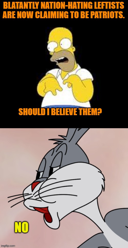 Oh go ahead.  Nation-haters would never lie to you, would they? | BLATANTLY NATION-HATING LEFTISTS ARE NOW CLAIMING TO BE PATRIOTS. SHOULD I BELIEVE THEM? NO | image tagged in look marge | made w/ Imgflip meme maker