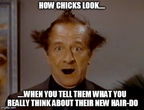 New Do Revue | HOW CHICKS LOOK.... ....WHEN YOU TELL THEM WHAT YOU REALLY THINK ABOUT THEIR NEW HAIR-DO | image tagged in memes,funny,hair | made w/ Imgflip meme maker