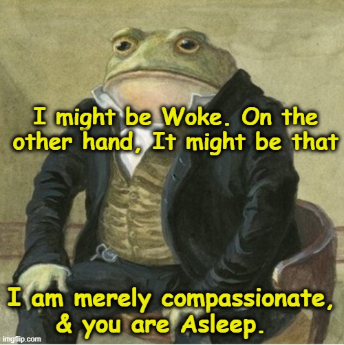 Are You Woke? | I might be Woke. On the other hand, It might be that; I am merely compassionate, & you are Asleep. | image tagged in formal frog,maga,right wing,fascists,nevertrump meme,gop | made w/ Imgflip meme maker