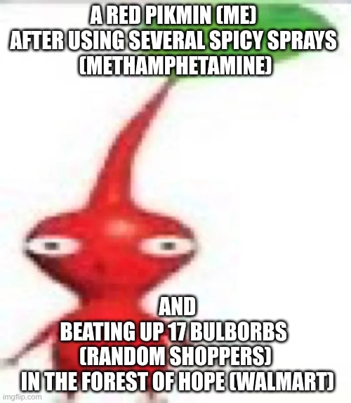 Pikmin meth | A RED PIKMIN (ME) 
AFTER USING SEVERAL SPICY SPRAYS 
(METHAMPHETAMINE); AND
BEATING UP 17 BULBORBS 
(RANDOM SHOPPERS)
 IN THE FOREST OF HOPE (WALMART) | image tagged in pikmin,meth | made w/ Imgflip meme maker