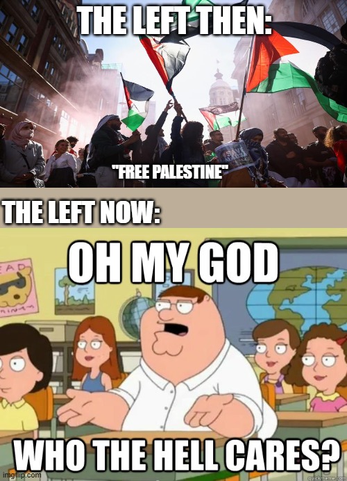 "They told me to stop caring about it" | THE LEFT THEN:; "FREE PALESTINE"; THE LEFT NOW: | image tagged in oh my god who the hell cares,liberal hypocrisy,democrats,leftists,donald trump | made w/ Imgflip meme maker