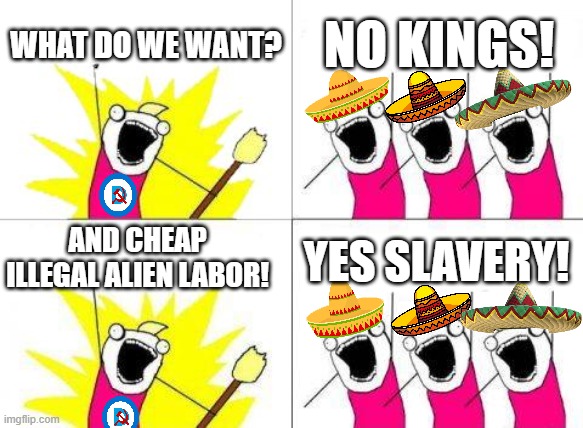 When you have no idea what you are really protesting for, you could be a Democrat. | WHAT DO WE WANT? NO KINGS! AND CHEAP ILLEGAL ALIEN LABOR! YES SLAVERY! | image tagged in memes,what do we want | made w/ Imgflip meme maker