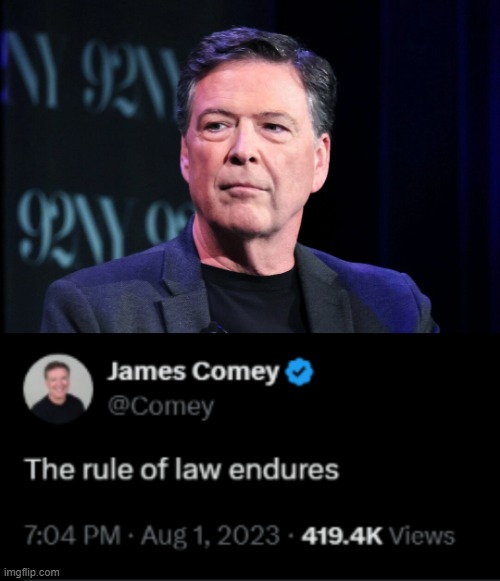 Comey Alleges Vindictive Prosecution | image tagged in james comey,no one is above the law | made w/ Imgflip meme maker