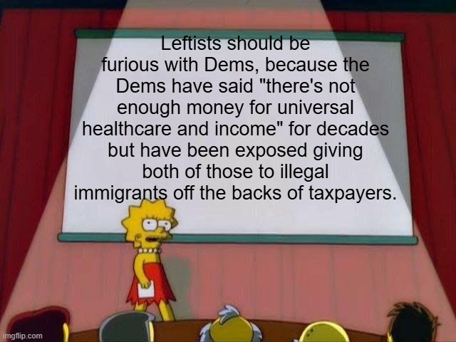 The Democrats are treating taxpayers like the slaves that they used to own | Leftists should be furious with Dems, because the Dems have said "there's not enough money for universal healthcare and income" for decades but have been exposed giving both of those to illegal immigrants off the backs of taxpayers. | image tagged in lisa simpson's presentation,liberal hypocrisy,democrats,leftists,democratic socialism,political meme | made w/ Imgflip meme maker