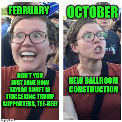 SJW Happy then Triggered | FEBRUARY DON'T YOU JUST LOVE HOW TAYLOR SWIFT IS TRIGGERING TRUMP SUPPORTERS, TEE-HEE! OCTOBER NEW BALLROOM CONSTRUCTION | image tagged in sjw happy then triggered | made w/ Imgflip meme maker