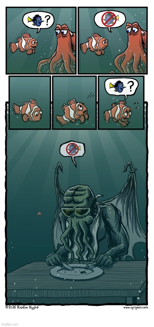 Nemo finds Dory… in Cthulhu’s stomach! | image tagged in comics,finding nemo,dory,cthulhu,fish,dinner | made w/ Imgflip meme maker