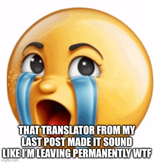 Realistic sob crying emoji | THAT TRANSLATOR FROM MY LAST POST MADE IT SOUND LIKE I’M LEAVING PERMANENTLY WTF | image tagged in realistic sob crying emoji | made w/ Imgflip meme maker