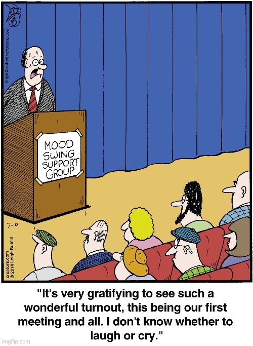Rubes | image tagged in comics,rubes,support group,mood swings,laugh,cry | made w/ Imgflip meme maker