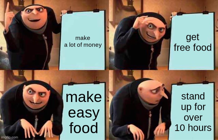 little ceasers employees | make a lot of money; get free food; make easy food; stand up for over 10 hours | image tagged in memes,gru's plan | made w/ Imgflip meme maker