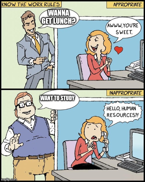 Flirting vs harrasment | WANNA GET LUNCH? WANT TO STUDY | image tagged in flirting vs harrasment | made w/ Imgflip meme maker