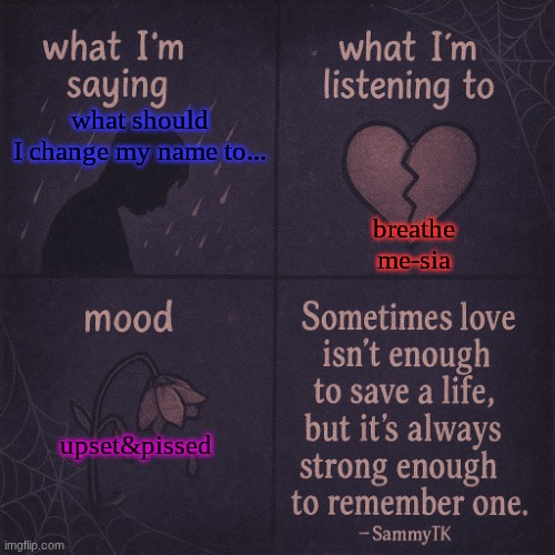 I might kms..no joke....I'm sick and tired of this shit | breathe me-sia; what should I change my name to... upset&pissed | image tagged in temp | made w/ Imgflip meme maker