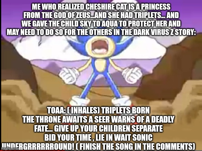 HOW DID I NOT REALIZE THIS CONNECTION JUST NOW?! | ME WHO REALIZED CHESHIRE CAT IS A PRINCESS FROM THE GOD OF ZEUS...AND SHE HAD TRIPLETS... AND WE GAVE THE CHILD SKY TO AQUA TO PROTECT HER AND MAY NEED TO DO SO FOR THE OTHERS IN THE DARK VIRUS Z STORY:; TOAA: ( INHALES) TRIPLETS BORN THE THRONE AWAITS A SEER WARNS OF A DEADLY FATE... GIVE UP YOUR CHILDREN SEPARATE BID YOUR TIME , LIE IN WAIT SONIC UNDERGRRRRRROUND! ( FINISH THE SONG IN THE COMMENTS) | made w/ Imgflip meme maker