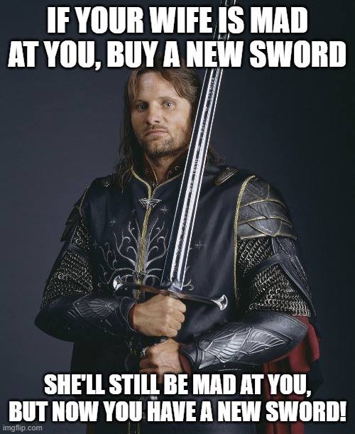 Buy a New Sword | IF YOUR WIFE IS MAD AT YOU, BUY A NEW SWORD; SHE'LL STILL BE MAD AT YOU, BUT NOW YOU HAVE A NEW SWORD! | image tagged in vigo,lord of the rings,sword,angry wife,aragorn | made w/ Imgflip meme maker