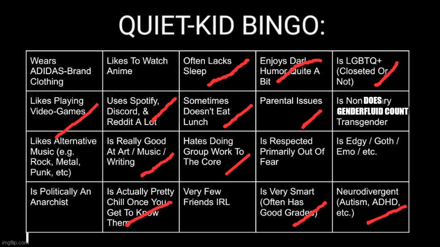 Quiet Kid Bingo | DOES GENDERFLUID COUNT | image tagged in quiet kid bingo | made w/ Imgflip meme maker