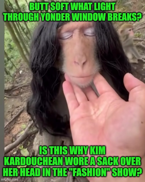Funny | BUTT SOFT WHAT LIGHT THROUGH YONDER WINDOW BREAKS? IS THIS WHY KIM KARDOUCHEAN WORE A SACK OVER HER HEAD IN THE "FASHION" SHOW? | image tagged in funny,kim kardashian,kim kowdashian,fashion,romeo and juliet,halloween costume | made w/ Imgflip meme maker