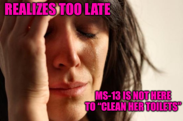WOKE | REALIZES TOO LATE; MS-13 IS NOT HERE TO “CLEAN HER TOILETS” | image tagged in memes,first world problems,woke,political meme,political memes,drug dealer | made w/ Imgflip meme maker