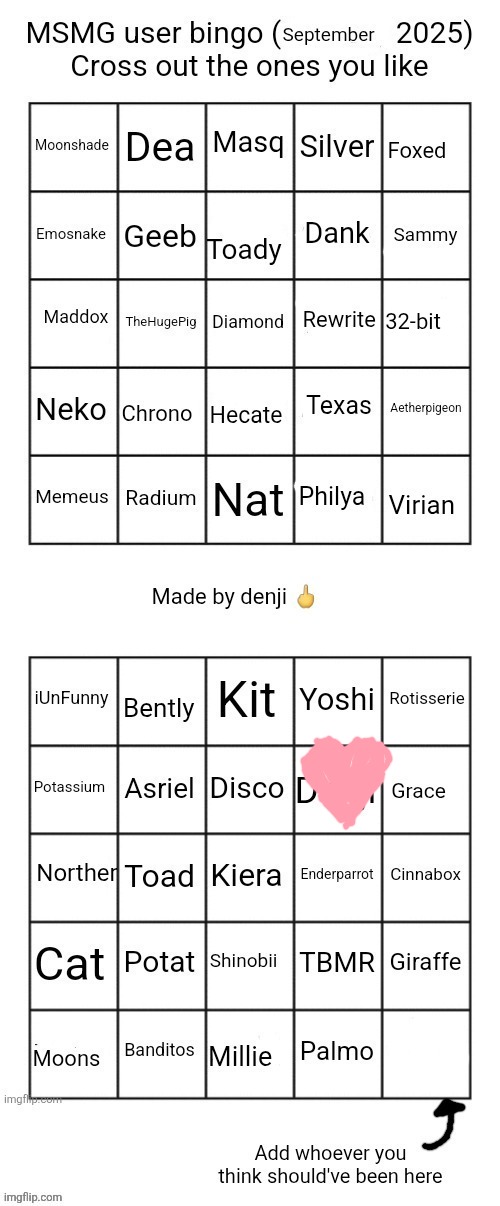 Should I just change the name of this bingo  to October with haloween decorations or nah | image tagged in msmg user bingo september 2025 cross the one you like | made w/ Imgflip meme maker