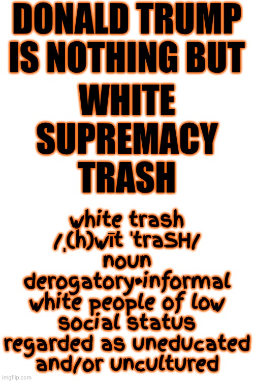 Donald Trump IS The WORST Of The WORST Of ALL Of The WORST Men.  He BELONGS In PRISON Along With EVERYONE He's Pardoned | DONALD TRUMP IS NOTHING BUT; white trash
/ˌ(h)wīt ˈtraSH/
noun
derogatory•informal
white people of low social status regarded as uneducated and/or uncultured; WHITE SUPREMACY TRASH | image tagged in memes,scum of the earth,worthless,maga,disgusting,despicable donald | made w/ Imgflip meme maker