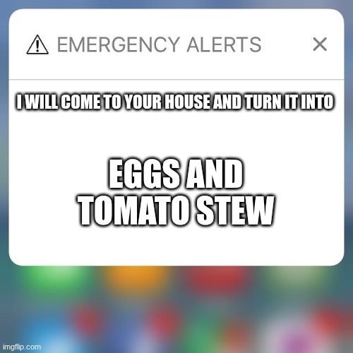 eg alert | I WILL COME TO YOUR HOUSE AND TURN IT INTO; EGGS AND TOMATO STEW | image tagged in emergency alert,text,egs | made w/ Imgflip meme maker