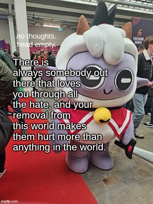 no thoughts. head empty. | There is always somebody out there that loves you through all the hate, and your removal from this world makes them hurt more than anything in the world. | image tagged in no thoughts head empty | made w/ Imgflip meme maker