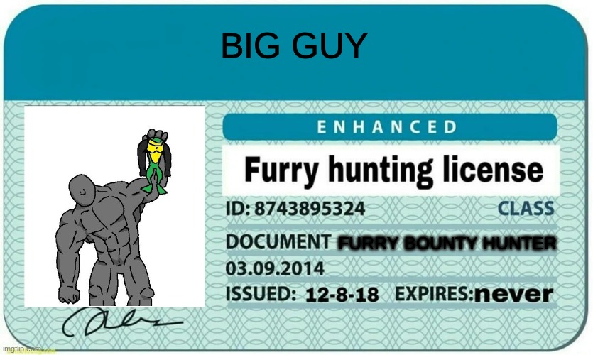 furry hunting license | BIG GUY; FURRY BOUNTY HUNTER | image tagged in furry hunting license | made w/ Imgflip meme maker