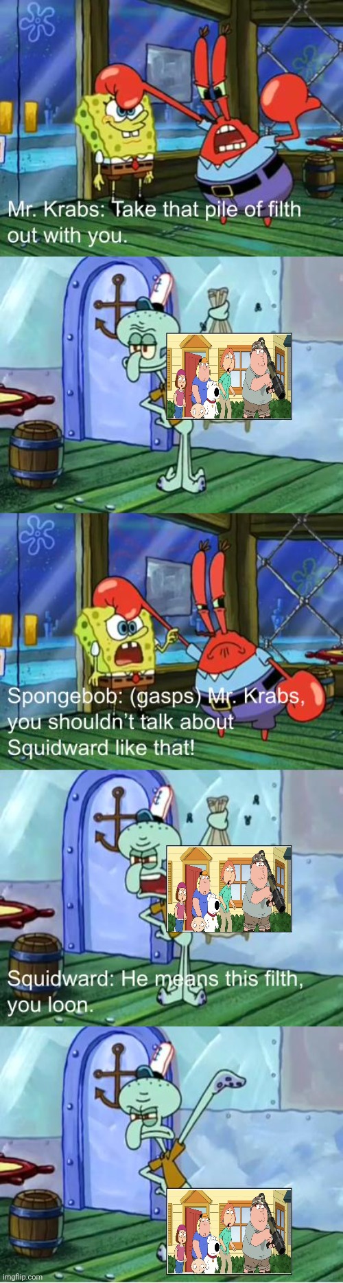 Modern Family Guy in a nutshell | image tagged in funny memes,family guy,modern family guy sucks,spongebob squarepants,rubbish | made w/ Imgflip meme maker