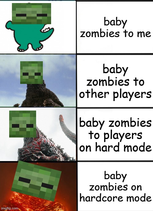 baby zombies to me are way to easy | baby zombies to me; baby zombies to other players; baby zombies to players on hard mode; baby zombies on hardcore mode | image tagged in strength of godzilla 4-panel | made w/ Imgflip meme maker
