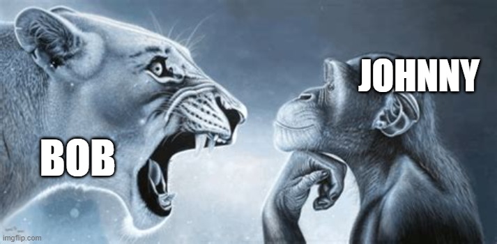 bob what he did right here | JOHNNY; BOB | image tagged in tiger yell at pondering monkey | made w/ Imgflip meme maker
