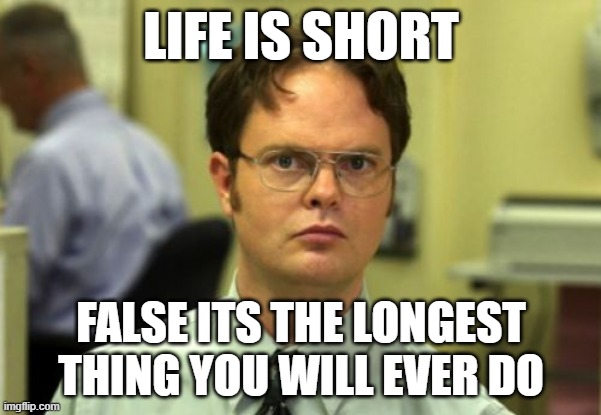 False | LIFE IS SHORT; FALSE ITS THE LONGEST THING YOU WILL EVER DO | image tagged in false | made w/ Imgflip meme maker