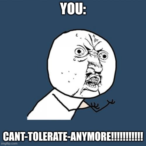 Y U No | YOU:; CANT-TOLERATE-ANYMORE!!!!!!!!!!! | image tagged in memes,y u no | made w/ Imgflip meme maker