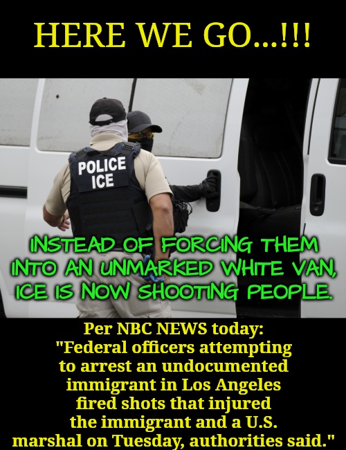 Aaaand...away we go... | HERE WE GO...!!! INSTEAD OF FORCING THEM INTO AN UNMARKED WHITE VAN,
ICE IS NOW SHOOTING PEOPLE. Per NBC NEWS today:
"Federal officers attempting to arrest an undocumented immigrant in Los Angeles fired shots that injured the immigrant and a U.S. marshal on Tuesday, authorities said." | image tagged in no surprise,they really want us to start a civil war | made w/ Imgflip meme maker
