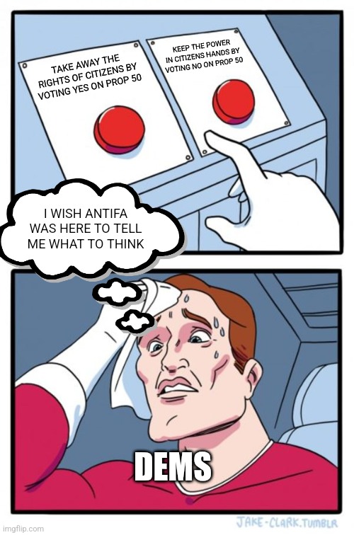 Dems want to take away your rights | KEEP THE POWER IN CITIZENS HANDS BY VOTING NO ON PROP 50; TAKE AWAY THE RIGHTS OF CITIZENS BY VOTING YES ON PROP 50; I WISH ANTIFA WAS HERE TO TELL ME WHAT TO THINK; DEMS | image tagged in memes,two buttons,democrats,demonrats | made w/ Imgflip meme maker