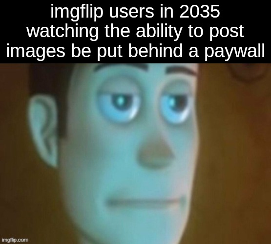 . | imgflip users in 2035 watching the ability to post images be put behind a paywall | image tagged in woody stare | made w/ Imgflip meme maker