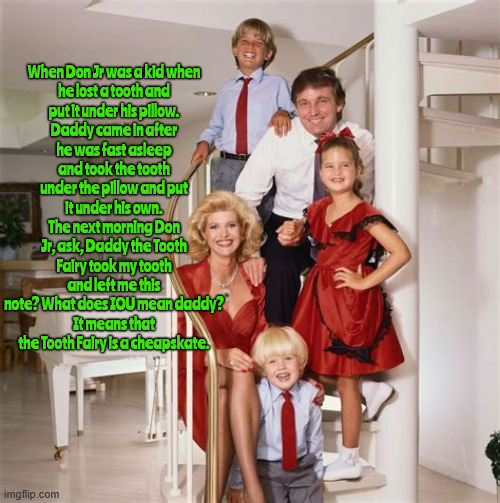 Never look a gift child in the mouth | When Don Jr was a kid when he lost a tooth and put it under his pillow.
Daddy came in after he was fast asleep and took the tooth under the pillow and put it under his own.
The next morning Don Jr, ask, Daddy the Tooth Fairy took my tooth and left me this note? What does IOU mean daddy?
It means that the Tooth Fairy is a cheapskate. | image tagged in the tooth fairy is a cheapskate,never look a gift child in the mouth,scumbag,trump tried to sell his soul but it's worthless | made w/ Imgflip meme maker