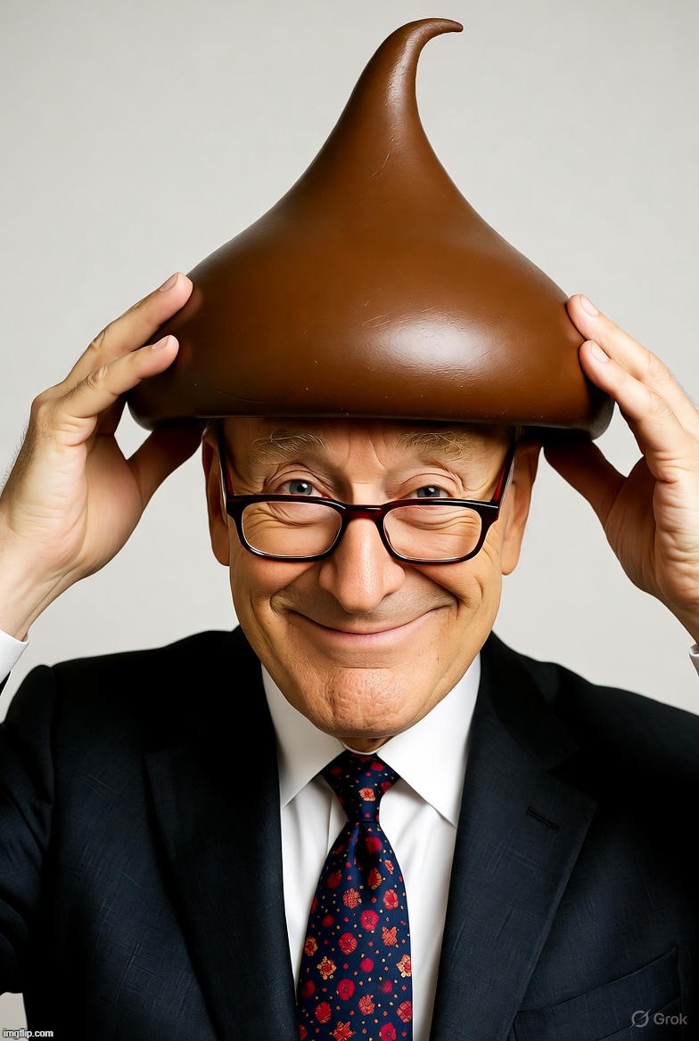 I asked Grok to draw a picture of Chuck Schumer with a Hershey's Kiss for a tinfoil hat and this is the best they could do. | image tagged in chuck schumer,hershey's kisses,shit for brains,shit,ew i stepped in shit,fuck this shit | made w/ Imgflip meme maker