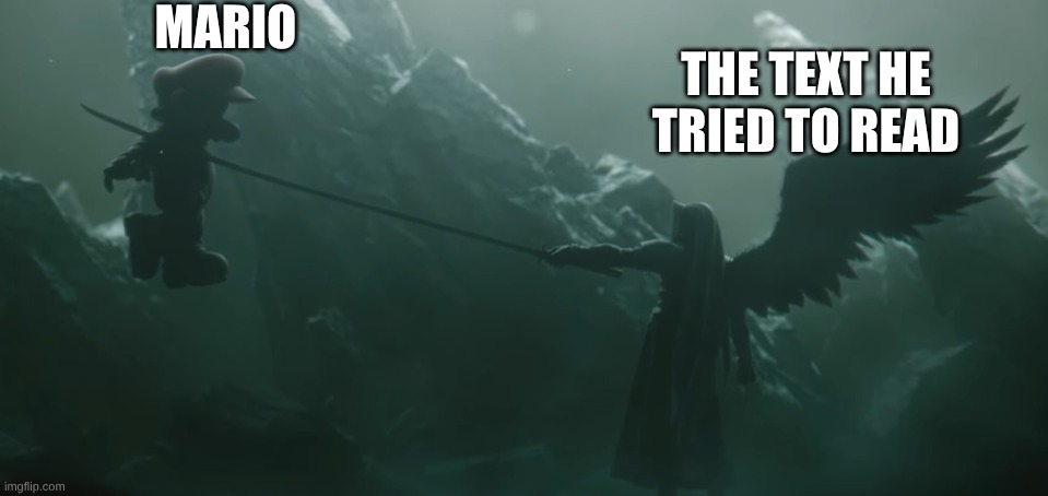Sephiroth Kills Mario | MARIO THE TEXT HE TRIED TO READ | image tagged in sephiroth kills mario | made w/ Imgflip meme maker