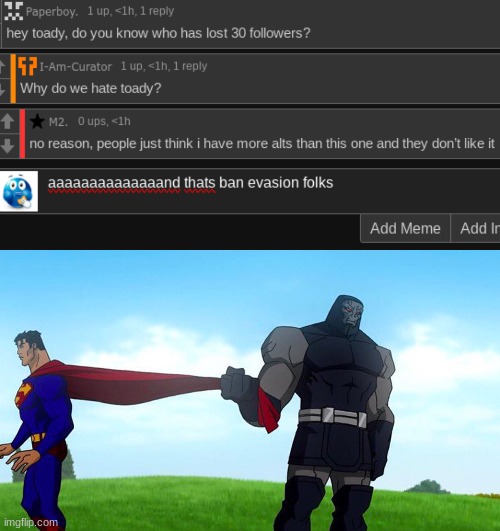 image tagged in darkseid pulling superman cape | made w/ Imgflip meme maker