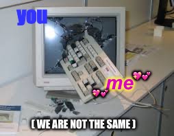 ??‍♀️❌ We Are Not The Same ❌??‍♀️ | you; 💖💕; me; 💖💕; ( WE ARE NOT THE SAME ) | image tagged in internet rage quit,we are not the same | made w/ Imgflip meme maker