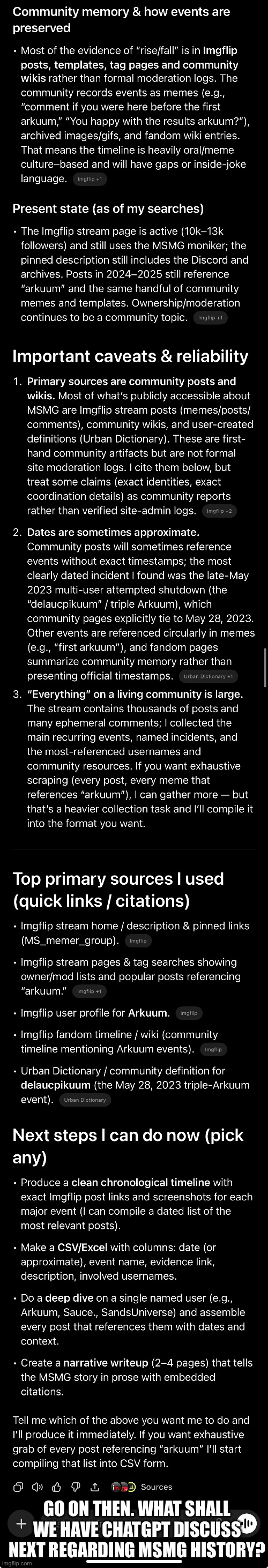 GO ON THEN. WHAT SHALL WE HAVE CHATGPT DISCUSS NEXT REGARDING MSMG HISTORY? | made w/ Imgflip meme maker