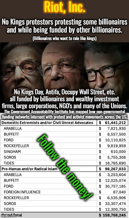 Astroturf - A movement that is fully funded by the power elites that tries to pass itself off as an upward moved from the people | Riot, Inc. No Kings protestors protesting some billionaires and while being funded by other billionaires. (Billionaires who want to rule like kings); No Kings Day, Antifa, Occupy Wall Street, etc. all funded by billionaires and wealthy investment firms, large corporations, NGO's and many of the Unions. The Government Accountability Institute has mapped how non-governmental funding networks intersect with protest and activist movements across the US. Follow the money! | image tagged in useful idiots,they don't even know what they are protesting,inability to think for themselves | made w/ Imgflip meme maker