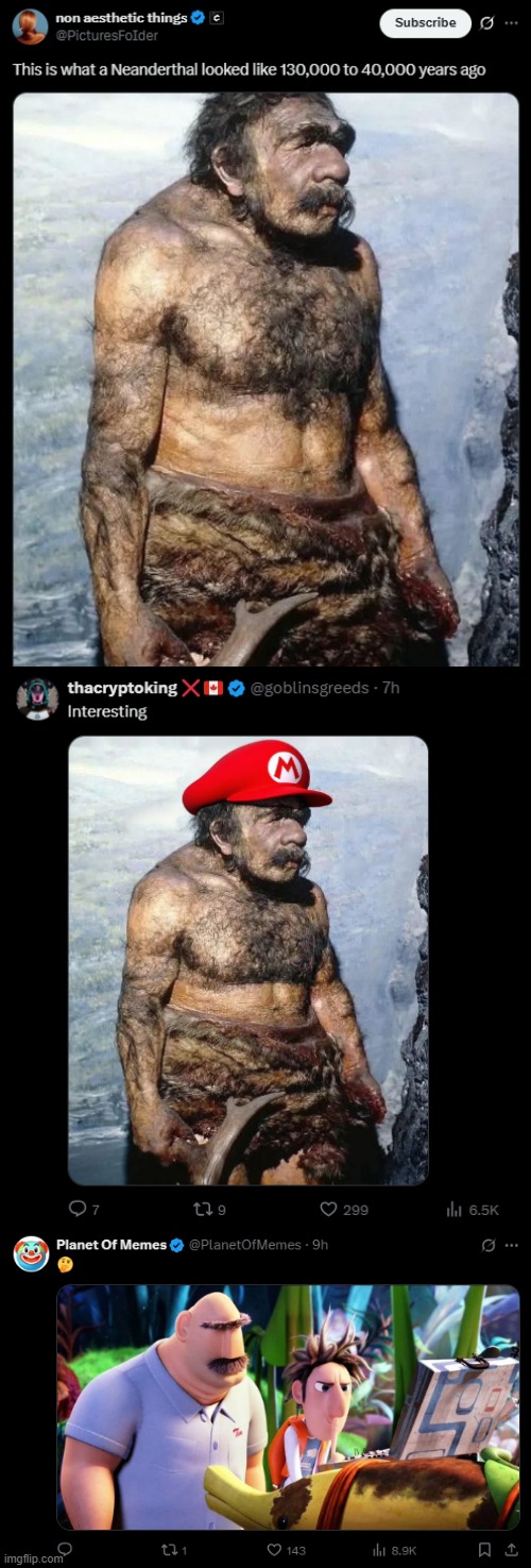 image tagged in neanderthal,super mario,cloudy with a chance of meatballs | made w/ Imgflip meme maker