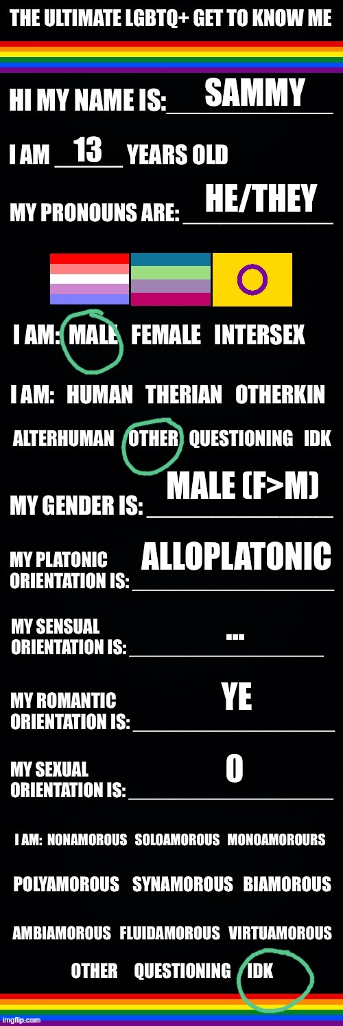 The ultimate LGBTQ+ get to know me | SAMMY; 13; HE/THEY; MALE (F>M); ALLOPLATONIC; ... YE; 0 | image tagged in the ultimate lgbtq get to know me | made w/ Imgflip meme maker