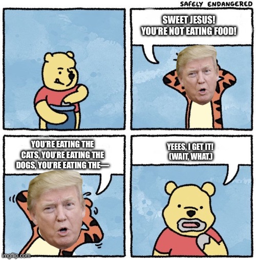 Sweet Jesus Pooh | SWEET JESUS! YOU’RE NOT EATING FOOD! YOU’RE EATING THE CATS, YOU’RE EATING THE DOGS, YOU’RE EATING THE—; YEEES, I GET IT! 

(WAIT, WHAT.) | image tagged in sweet jesus pooh | made w/ Imgflip meme maker